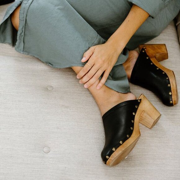 Beek Woodpecker Clogs Mules Size 10 Studded Wood Platform Black Leather NEW $320 - Picture 2 of 16